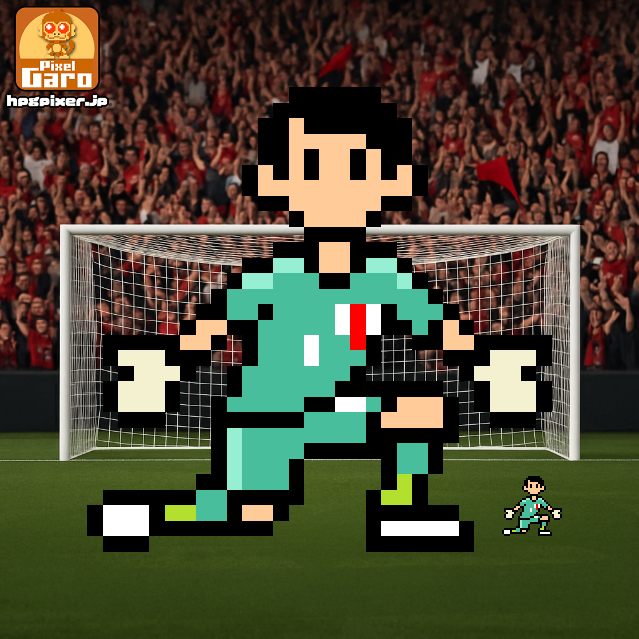 ゴールキーパーの1対1の体勢のドット絵アイコン アイキャッチ